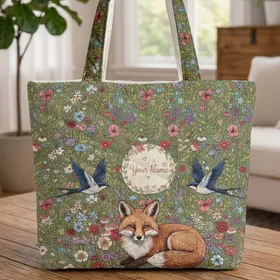 Fox Swallow Birds Wildflower Meadow - Name Wreath Gift Quilted Tote Bag