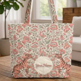 Playful Tigers Poppy Floral Botanical Personalized Name - Everyday Carry Wildlife Lover Gift Quilted Tote Bag