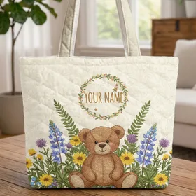 Teddy Bear Floral Wreath Wildflower Meadow - Personalized Keepsake Gift Quilted Tote Bag