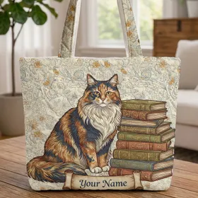 Calico Cat Vintage Books Antique Map Scroll - Book Lover Gift for Cat Lovers Quilted Tote Bag