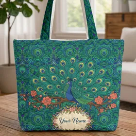 Peacock Fanned Tail Flowering Branch Feather Eye - Wildlife Lover Gift Quilted Tote Bag