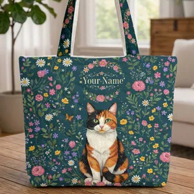 Majestic Calico Cat Wildflowers Personalized Floral Wreath - Country Cottage Decor Gift Quilted Tote Bag