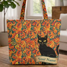 Black Cat Swirling Tendrils Autumn Leaves Folk Scrolls - Everyday Tote Cat Lover Gift Quilted Tote Bag