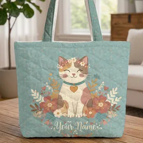Calico Cat Floral Wreath Name Leaves Blossoms - Everyday Tote for Cat Lover Quilted Tote Bag