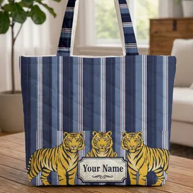 Three Majestic Tigers Blue Vertical Stripes Vintage Name Plaque - Wildlife Lover Gift Quilted Tote Bag