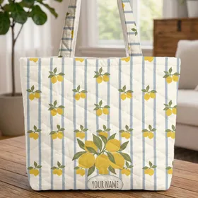 Alternating Vertical Stripe Lemon Branches and Fruit Cluster - Everyday Carry Gift For Citrus Lover Quilted Tote Bag