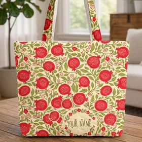 Red Pomegranate Olive Leaf Folk Art Wreath Personalized - Garden Lover Gift Quilted Tote Bag