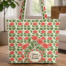 Coral Folk Art Floral Wreath Bouquet - Everyday Tote Thoughtful Gift for Her Quilted Tote Bag