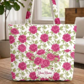 Pink Roses Green Leaves Floral Wreath Your Name - Everyday Tote Quilted Tote Bag