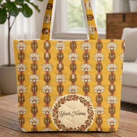 Indian Lotus Flowers Vertical Rows Floral Wreath Striped Bands - Boho Lifestyle Quilted Tote Bag