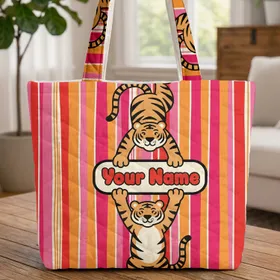 Playful Tigers Personalized Name Bold Stripes Vintage Plaque Animal Lover Gift Quilted Tote Bag