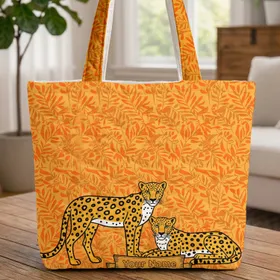 Jungle Leaves Leopards Custom Name Scroll - Wildlife Lover Everyday Carry Gift Quilted Tote Bag