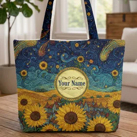 Ornate Sunflowers Village Structures Swirling Celestial Textured Fields Brushstrokes Home Decor Quilted Tote Bag