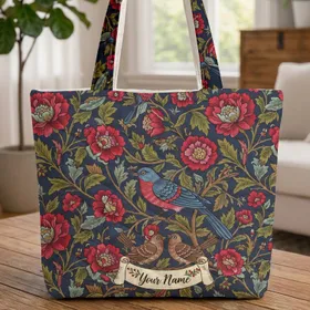 Blue Red Plumage Bird Blossoms Botanical - Nature Lover Home Decor Gift Quilted Tote Bag