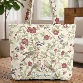 Chinoiserie Birds Berries Flowering Branches Name Scroll - Personalized Home Decor Gift Quilted Tote Bag