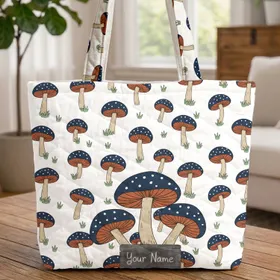 Mushroom Name Sign Scattered Grass - Nature Lover Everyday Carry Gift Quilted Tote Bag
