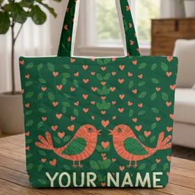 Folk Art Birds Coral Hearts Green Leaves - Home Decor Everyday Gift for Bird Lovers Quilted Tote Bag