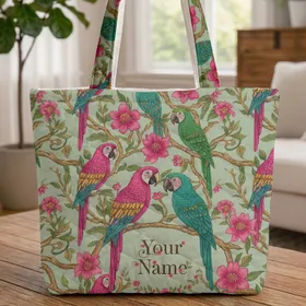 Exotic Macaws Parrots Flowering Branches Personalized Name Wreath - Wildlife Lover Gift Quilted Tote Bag