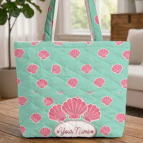 Three Scallop Shells Oval Cursive Personalized Name Everyday Carry Quilted Tote Bag