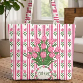 Pink Tulips Floral Bouquet Wreath Candy Stripes - Spring Accessory Quilted Tote Bag