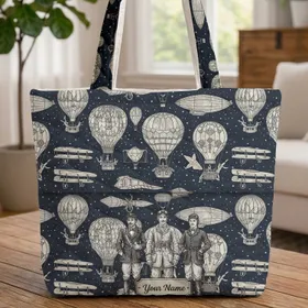 Fantastical Hot Air Balloon Biplane Aviator Figures - Adventure Lover Travel Essentials Gift Quilted Tote Bag