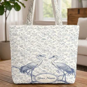 Toile de Jouy Crane Birds Willow Botanical Vines Small Birds - Everyday Tote Gift for Bird Lovers Quilted Tote Bag