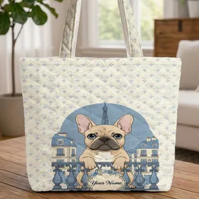French Bulldog Parisian Balcony Eiffel Tower - Paris Travel Gift for Dog Lover Quilted Tote Bag