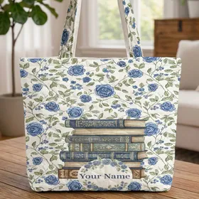 Ornate Vintage Books Blue Rose Floral Wreath - Gift for Readers Quilted Tote Bag