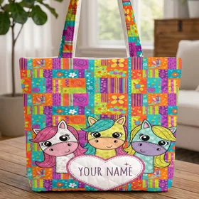 Three Cartoon Horses Heart Nameplate - Everyday Tote Gift for Horse Lover Quilted Tote Bag