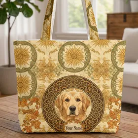 Majestic Golden Retriever Celtic Knot Oak Leaf Acorn Sunburst - Dog Lover Everyday Gift Quilted Tote Bag