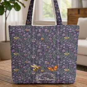 Personalized Lavender Bees Butterfly Wreath - Nature Lover Everyday Tote Gift Quilted Tote Bag