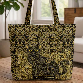 Black Cat Golden Botanical Flourish Scrolls - Everyday Use Cat Lover Gift Quilted Tote Bag