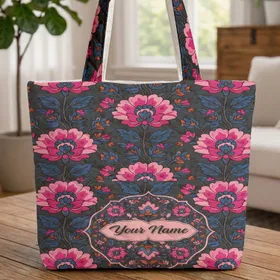 Intricate Ornate Indian Floral Medallion Pink Blooms Blue Leaves Botanical - Everyday Tote Quilted Tote Bag