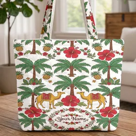Tropical Palm Camel Hibiscus Floral Wreath Everyday Accessory Quilted Tote Bag