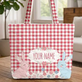 Pink Blue Bunnies Floral Wreath Gingham Check - Baby Shower Nursery Decor Gift Quilted Tote Bag