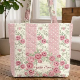 Vintage Rose Floral Wreath Climbing Vine Quatrefoil - Home Decor Gift Quilted Tote Bag