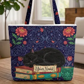 Black Cat Sleeping Books Starry Botanicals - Cat Lover Gift Quilted Tote Bag