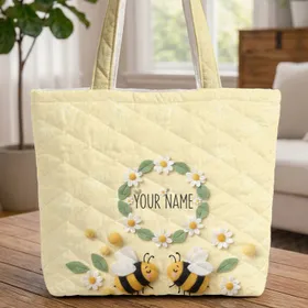 Felt Bumblebees Daisy Flowers Personalized Name - Child Everyday Carry Gift Quilted Tote Bag