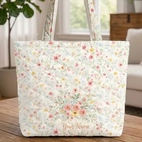 Wildflower Botanical Bouquet Wreath Name - Spring Flower Lover Gift Quilted Tote Bag