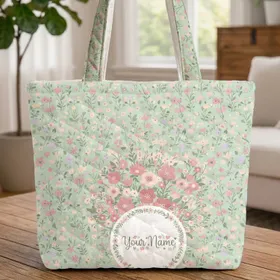 Wildflower Leaf Bouquet Name Wreath - Children's Everyday Carryall Gift Quilted Tote Bag