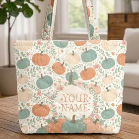Three Ornate Pumpkins Floral Wreath Personal Name - Autumn Harvest Gift Quilted Tote Bag