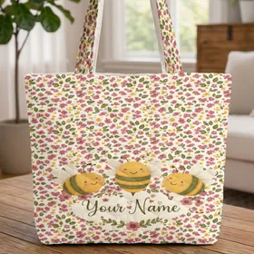 Felt Bees Smiling Faces Floral Wreath 'Your Name' - Nature Lover Everyday Gift Quilted Tote Bag