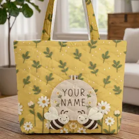 Felted Bees Flowers Leaf Sprigs Personalized Name - Children's Gift Everyday Tote Quilted Tote Bag
