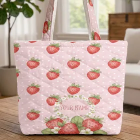 Strawberry Polka Dot Blossom Wreath Everyday Carry Gift Quilted Tote Bag