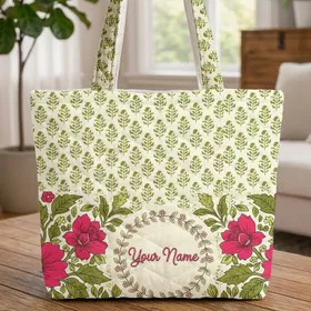 Hot Pink Olive Green Indian Floral Bouquet Wreath - Personalized Everyday Carry Gift Quilted Tote Bag