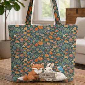 Fox Rabbit Bluebird Autumn Foliage Woodland Animals - Nature Lover Everyday Tote Quilted Tote Bag