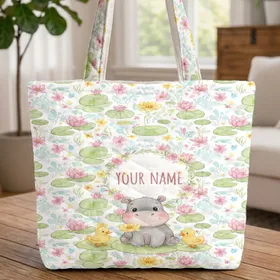 Baby Hippo Duckling Water Lily Wildflower Dragonflies - Nature Lover Gift Quilted Tote Bag