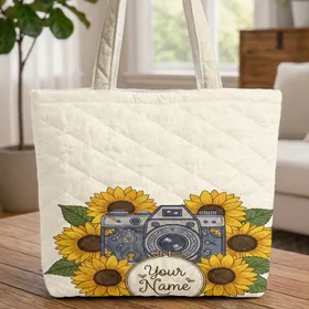 Ornate Vintage Camera Sunflowers Name Everyday Tote Gift for Her Quilted Tote Bag