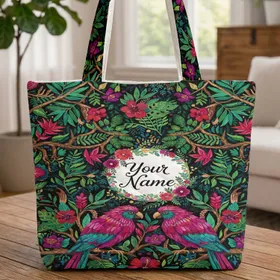 Tropical Jungle Birds Exotic Flowers Gold Leaf Accents Name Wreath - Bird Lover Everyday Gift Quilted Tote Bag