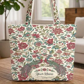 Exotic Birds Songbirds Floral Wreath Personalized Name - Personalized Gift Quilted Tote Bag